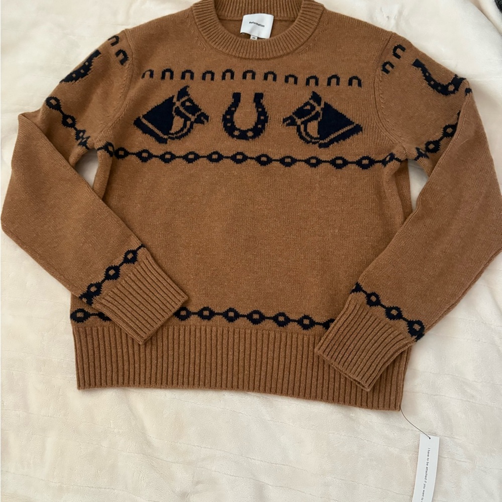 Reformation Tan Sweater with Navy Patterns Horse 🐴